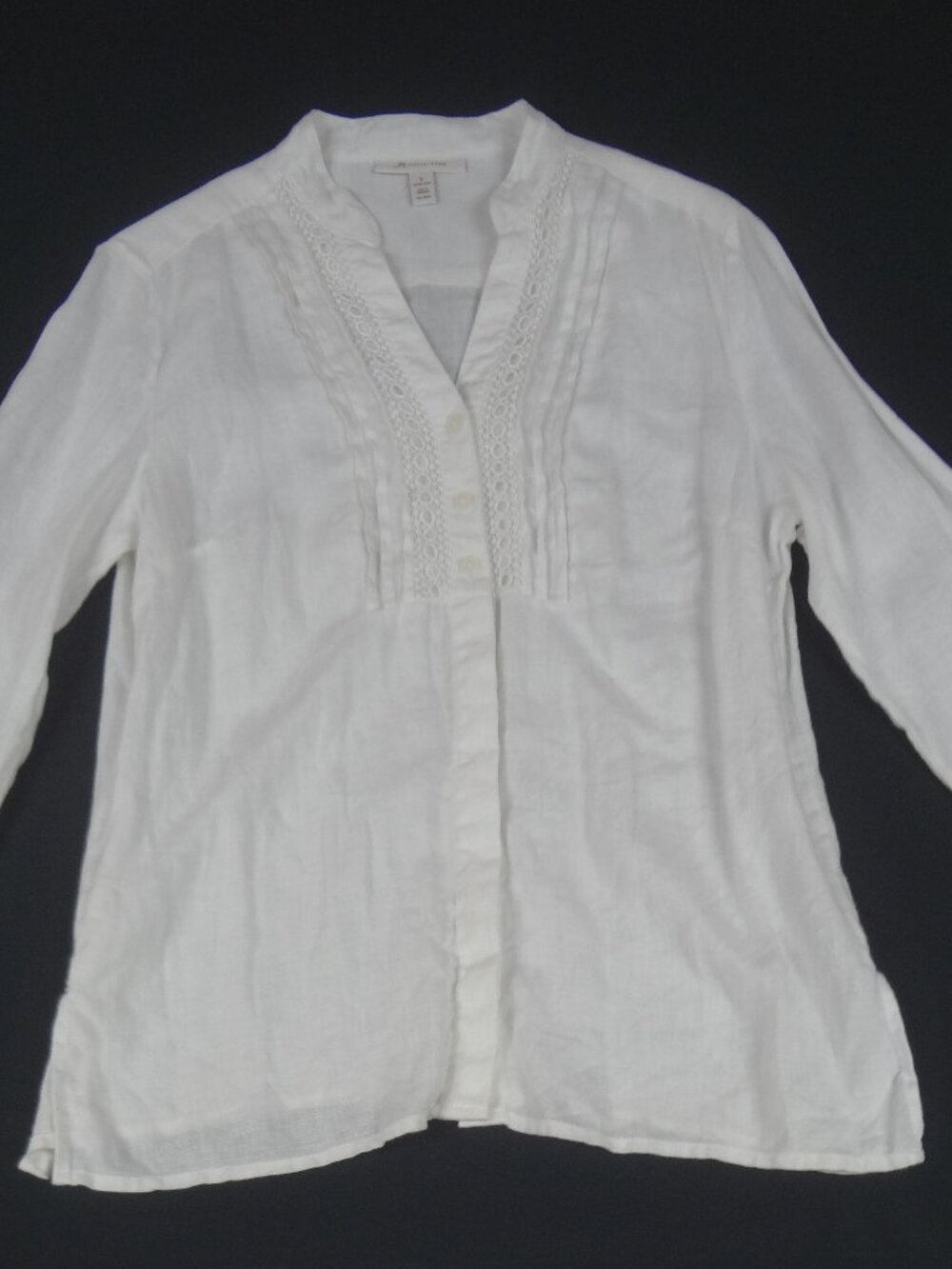 JM COLLECTION WHITE 100% LINEN LACE PINTUCK BLOUSE TOP WOMEN'S SIZE 6 L944